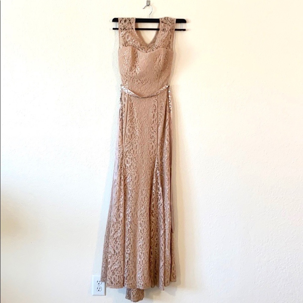 Nude Sparkly Lace Windsor Open Back Prom Dress